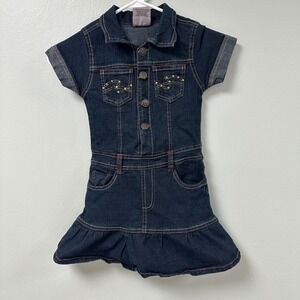 Vintage Kids 2B Real Girls Dark Wash Denim Dress Size 6X Rhinestone Button Front